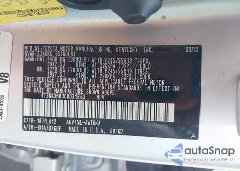 2012 Toyota Venza Xle z USA, uszkodzony, nr VIN 4T3BA3BB3CU031863